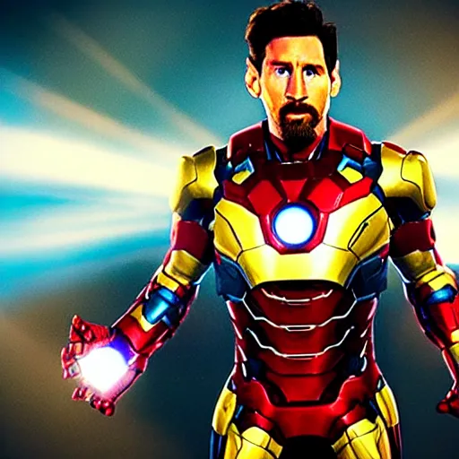 Image similar to Lionel Messi as Ironman in The Avengers, Marvel, Film Still, 35mm dramatic lighting, cinematic, deep focus, styleframe,