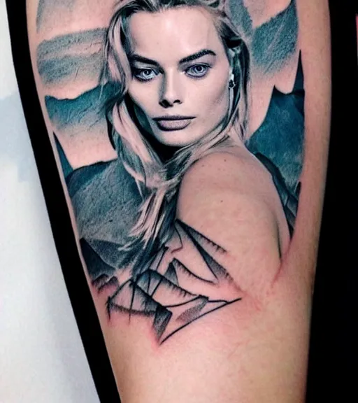 Image similar to tattoo design sketch double exposure of margot robbie with beautiful mountain scenery mash up, in the style of arlo dicristina, surrealist, amazing detail, sharp