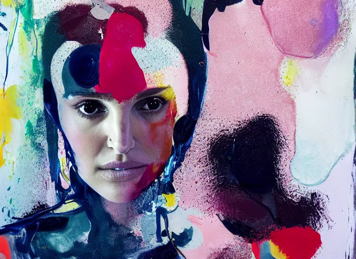 Prompt: portrait of natalie portman, by vincent lefevre and hernan bas and pat steir and hilma af klint, psychological, photorealistic, dripping paint, washy brush, rendered in octane, altermodern, masterpiece