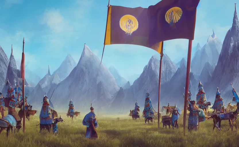 Image similar to A Kazakh khanate medieval landscape of the army with Turkic flags by simon stålenhag, rendered by Beeple, by Makoto Shinkai, syd meade, concept, digital art, unreal engine, WLOP, trending on artstation, 4K UHD image, octane render,