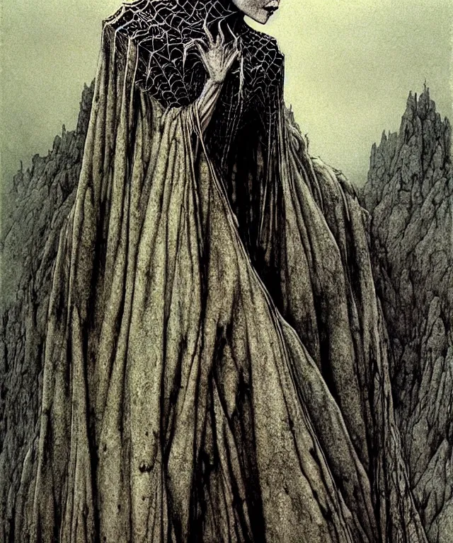 Image similar to a detailed creepy woman with many spider joints stands among the hills. wearing a ripped mantle, robe. perfect faces, extremely high details, realistic, fantasy art, solo, masterpiece, art by zdzislaw beksinski, arthur rackham, dariusz zawadzki