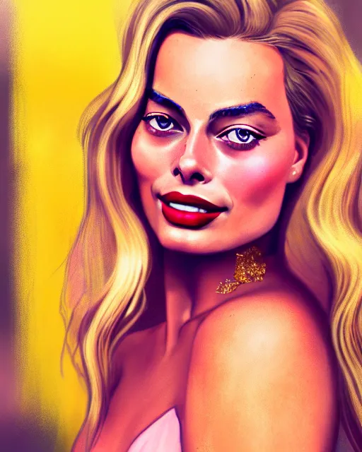 Image similar to closeup portrait beautiful seductive margot robbie with long windblown hair in a gold party dress in standing on a street in chinatown, pink lipstick, glamour pose, detailed illustration, digital art, trending on artstation, arney freytag, frank miller, moebius, graffiti, gta v,