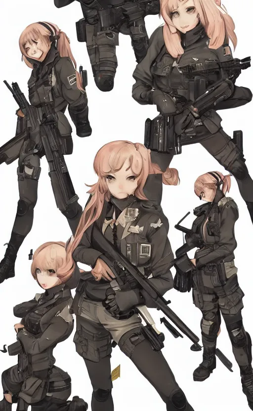 Prompt: girl, character design art, stunning, guns, girls frontline, matte, 150mm, illustration, artstation, by akio watanabe, metal gear visuals