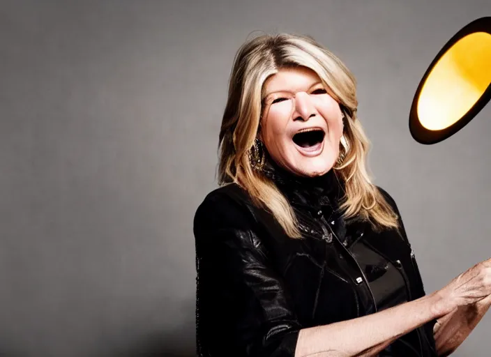 Image similar to publicity photo still of martha stewart in a death metal band playing live on stage, 8 k, live concert lighting, mid shot