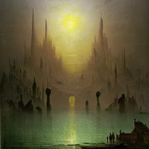 Prompt: Stunning and highly detailed painting of a submerged city by Caspar David Friedrich