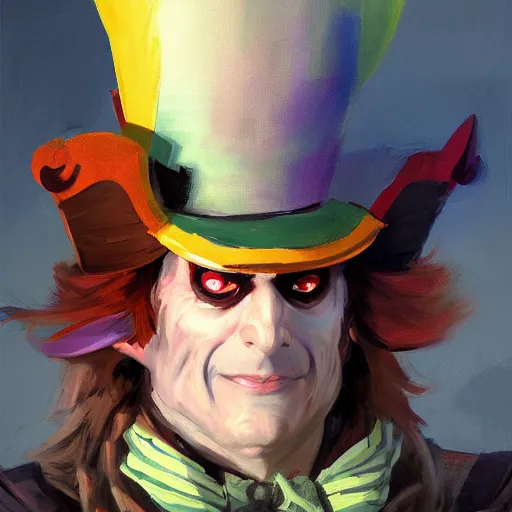 Image similar to greg manchess portrait painting of partially armored mad hatter from alice in wonderland as overwatch character, wacky, medium shot, asymmetrical, profile picture, organic painting, sunny day, matte painting, bold shapes, hard edges, street art, trending on artstation, by huang guangjian and gil elvgren and jesper ejsing