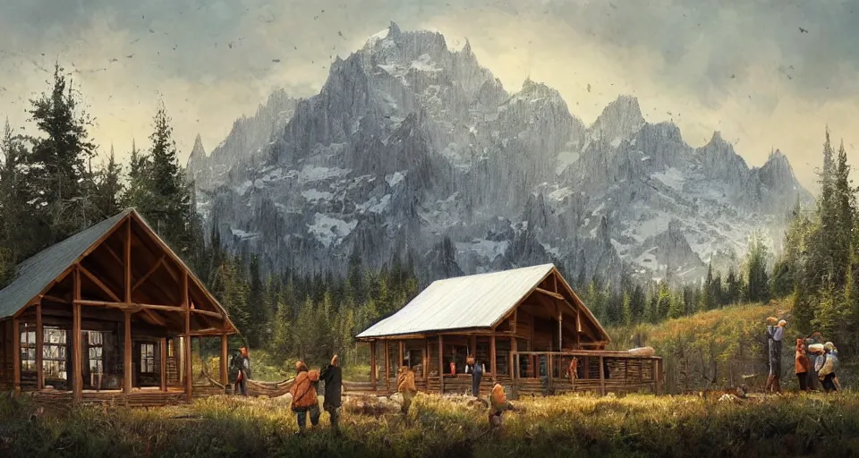 Image similar to cabela's beautiful comfortable modular pop - up insulated all terrain family dwelling, cabin,, person in foreground, mountainous forested wilderness open fields, beautiful views, painterly concept art, joanna gaines, environmental concept art, farmhouse, magnolia, concept art illustration, by james gurney, by craig mullins, by greg rutkowski trending on artstation