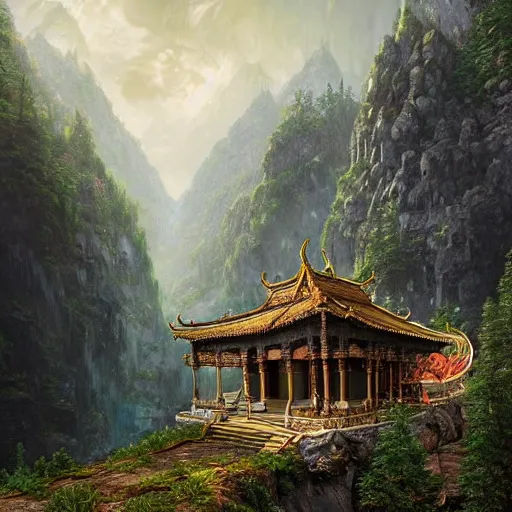 Prompt: A beautiful hyper realistic detailed matte painting of a dragon shaped temple nestled in forest mountains by John Howe and Albert Bierstadt and Alena Aenami and dan mumford and dave noton, unreal engine, trending on behance