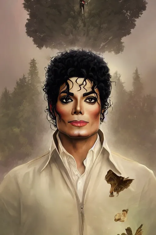 Image similar to male cottagecore michael jackson portrait with nature as background, intricate, swagger, highly detailed, digital painting, artstation, concept art, smooth, sharp, focus, illustration, art by artgerm and greg rutkowski and alphonse mucha