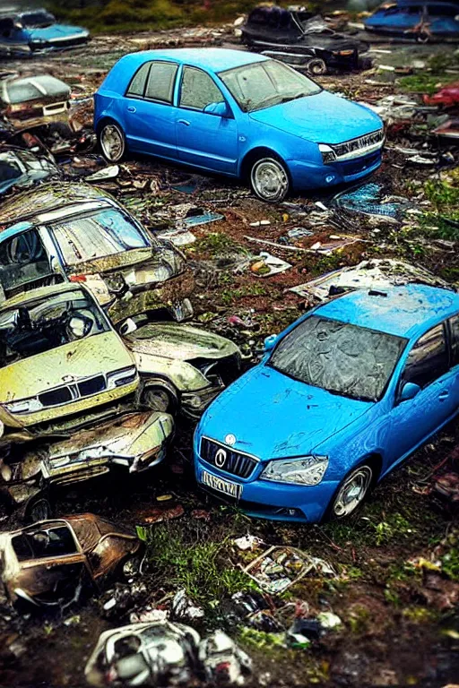 Image similar to “Blue Skoda Octavia Combi disintegrated in junkyard in rain. Realistic photo. ”