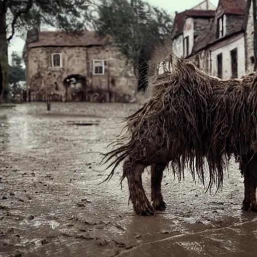 Image similar to horror, moody, still from film, daytime, muddy village square, wide shot, screeching mutant goat monster, powerful and huge, creeping on legs with hands where feet should be, mouth crammed full of filthy jagged teeth, matted brown fur, in muddy medieval village square