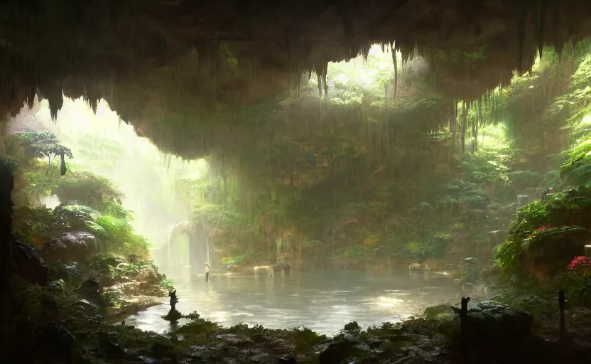 Image similar to painting of an interior of a hidden japanese hotspring in a small cave, fantasy, lush plants and flowers, natural light, concept art, by greg rutkowski and craig mullins, cozy atmospheric and cinematic lighting, trending on artstation
