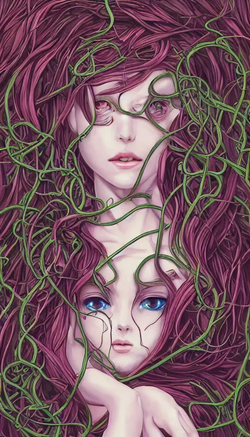 Image similar to very detailed portrait of a 2 0 years old girl surrounded by tentacles, the youg woman visage is blooming from fractal and vines, by gainax co,