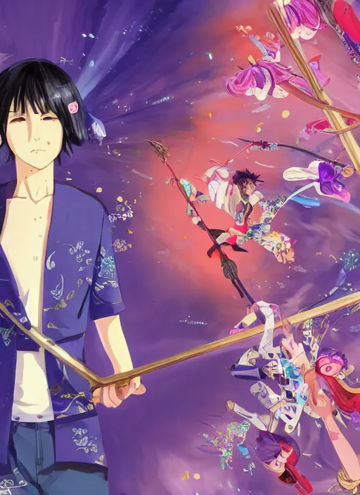 Image similar to teenager boy with straight indigo hair, purple eyes with red eye markers, slim body, wearing a detailed Japanese kimono with golden armpieces, holding a pair of fans. rich vivid colors, ambient lighting, dynamic lighting, 4k, official media, anime key visual, makoto shinkai, ilya kuvshinov, lois van baarle, rossdraws, detailed, trending on artstation