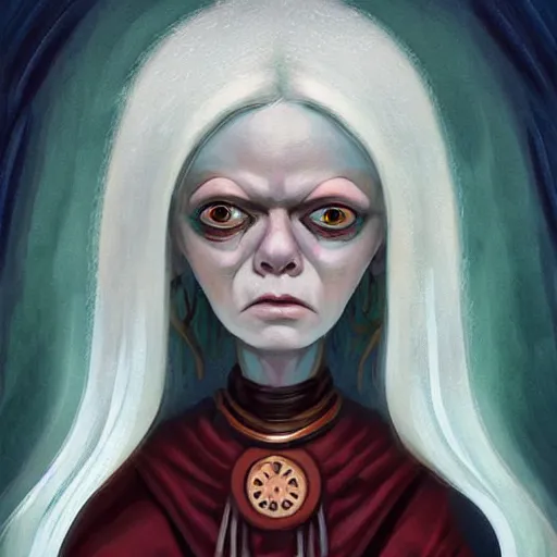 Image similar to portrait of small, cute, rubbery, huge-eyed, big-lipped albino mutant priestess with elaborate white hair with serious expression; science fiction concept art by Anato Finnstark, Margaret Keane, Greg Rutkowski