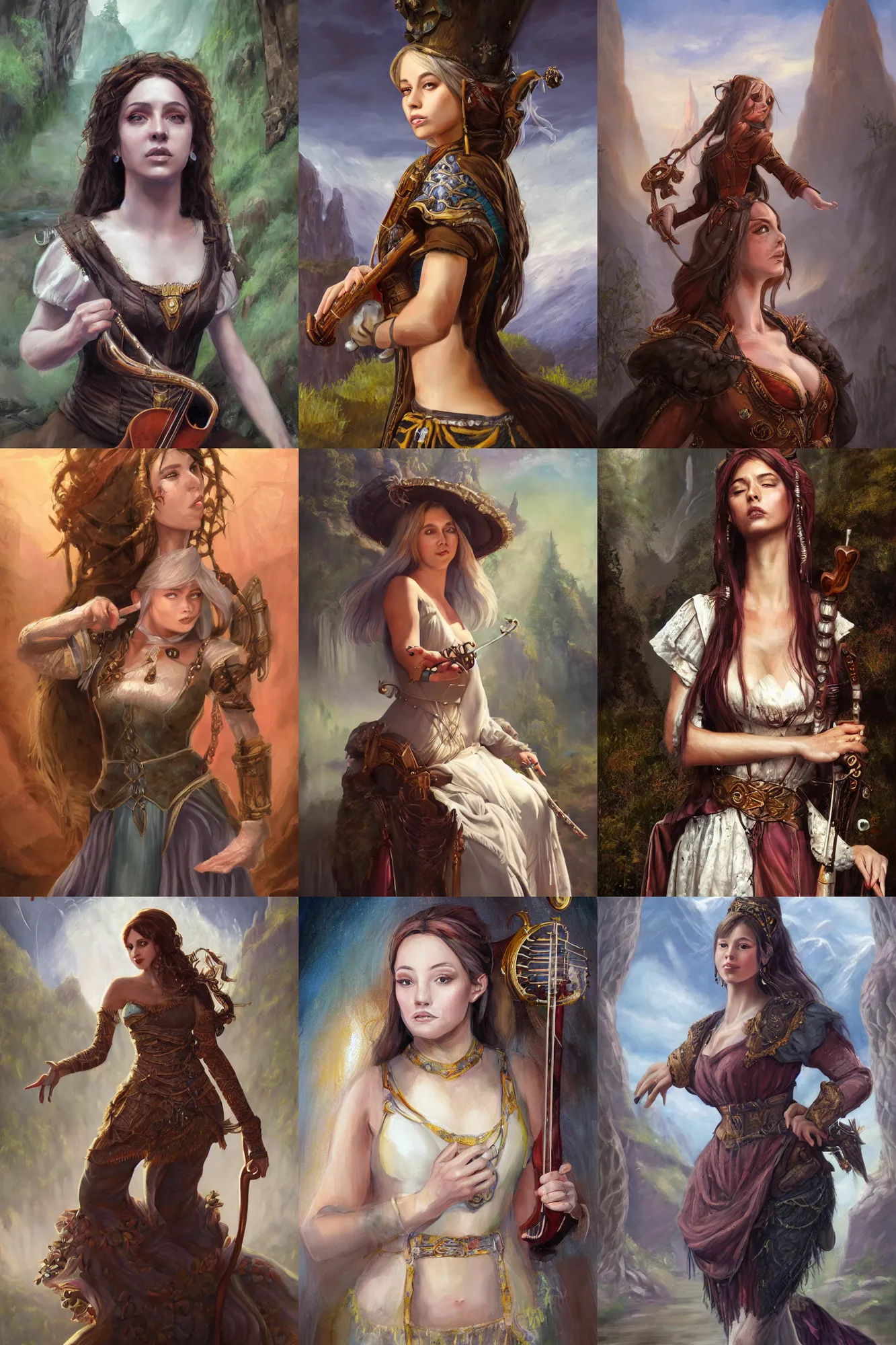 Image similar to a full body high detail fantasy portrait oil painting illustration of a single beautiful sophisticated bard woman by justin sweet with face and body clearly visible, in a scenic background, pupils visible, realistic proportions, d & d, rpg, forgotten realms, artstation trending, high quality, sombre mood, artstation trending, muted colours, entire person visible!