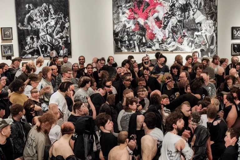 Image similar to a big group of punk people destroying a museum art show