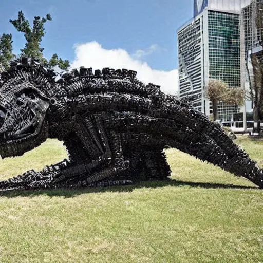 Image similar to photograph of a tyrannosaurus made of tires, recycled tire sculpture