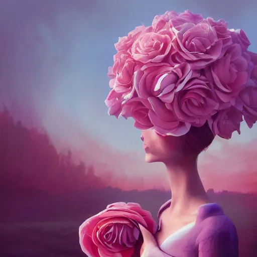 Image similar to closeup, huge rose flower face, frontal, a girl in a suit, surreal photography, sunrise, dramatic light, impressionist painting, digital painting, artstation, simon stalenhag