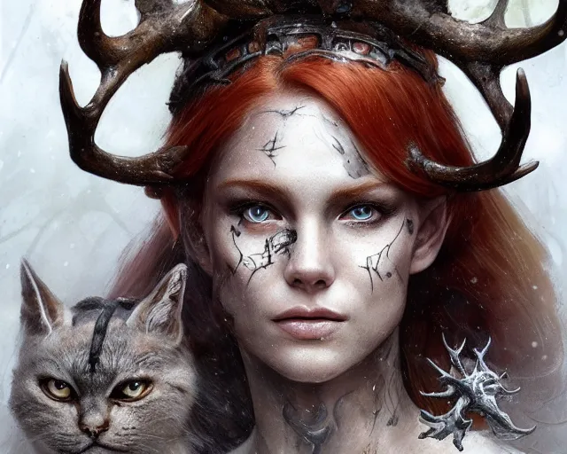 Image similar to 5 5 mm portrait photo of an armored gorgeous anesthetic redhead woman warrior with a face tattoo and antlers growing from her head and cat on her shoulder, in a magical forest in the style of luis royo. art by greg rutkowski. highly detailed 8 k. intricate. lifelike. soft light. nikon d 8 5 0.