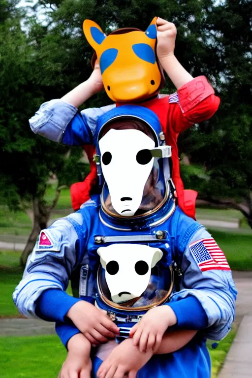 Image similar to a child in a horse mask sits on the shoulders of an astronaut