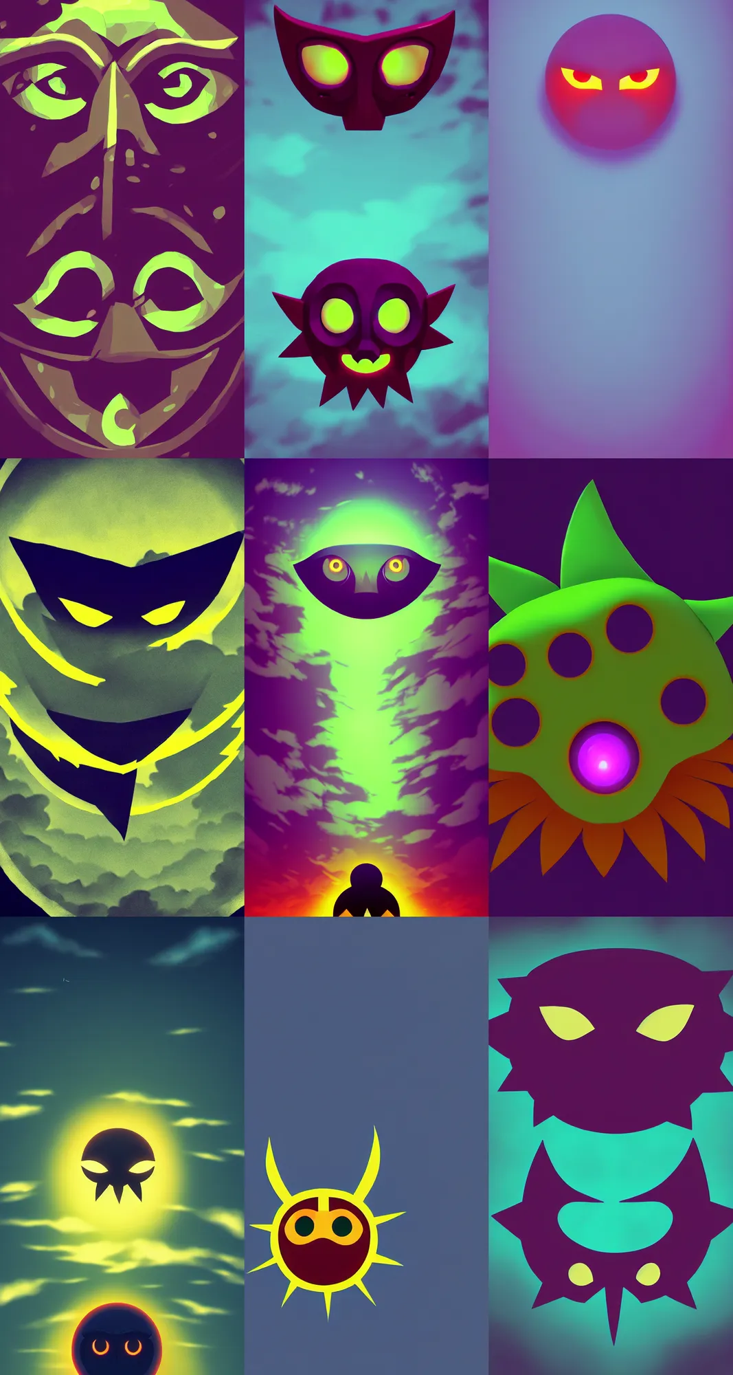 Prompt: majora's mask, stylized, horizon, minimalist wallpaper, dark background, desktop background, behance, artstation, deviantart