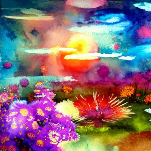 Prompt: spirits over the horizon, spiritual, watercolor, warm color palette, colorful, vapor, mist, flowers, floral, diffraction grading, de - noise, by akihito yoshida, by weta fx, by yaoy kusama, by yoshitaka amano