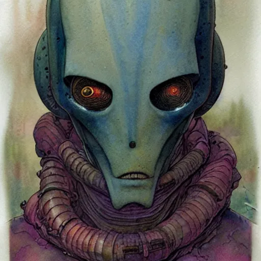 Image similar to a simple and atmospheric watercolour portrait of a pulp sci - fi alien repdiloid, very muted colors, by rebecca guay, michael kaluta, charles vess and jean moebius giraud