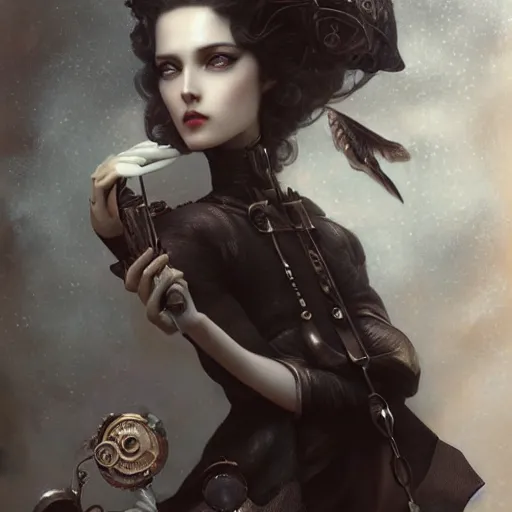 Prompt: By Tom Bagshaw, ultra realist soft painting of an attractive steampunk anime female porcelain miniature fully armored figurine with thin lustrous long hair floating, photorealistic eyes render looking at camera, curiosities carnival, symmetry accurate features, very intricate details, focus, dark fantasy background, black and white