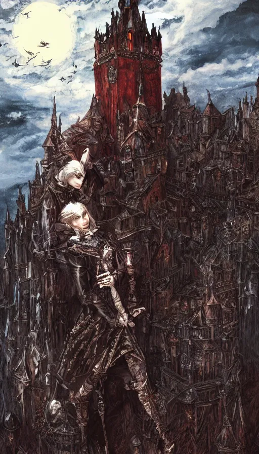 Image similar to Vampire Putin over a Medieval Gothic Castle, by Ayami Kojima, studio ghibli, cinematic lighting, intricate, highly detailed, digital painting, trending on artstation, Illustration, epic scale