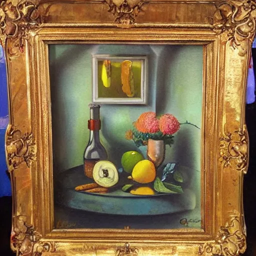 Prompt: a nature morte painting in a gaudy frame