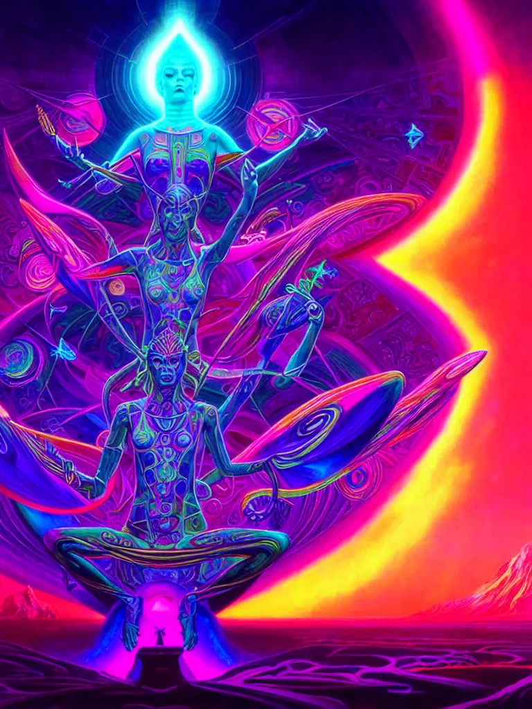 Image similar to epic scale cinematic full view chromaticity dmt being alex grey character concept of a beautiful colorful crystals powder liquids, glowing fluorescent velvet neon blacklight hues and saturation, sacred dmt color deity visionary fantasy art by greg rutkowski android jones artgerm alphonse max chroma rule of thirds golden ratio sacred geometry ai generated art