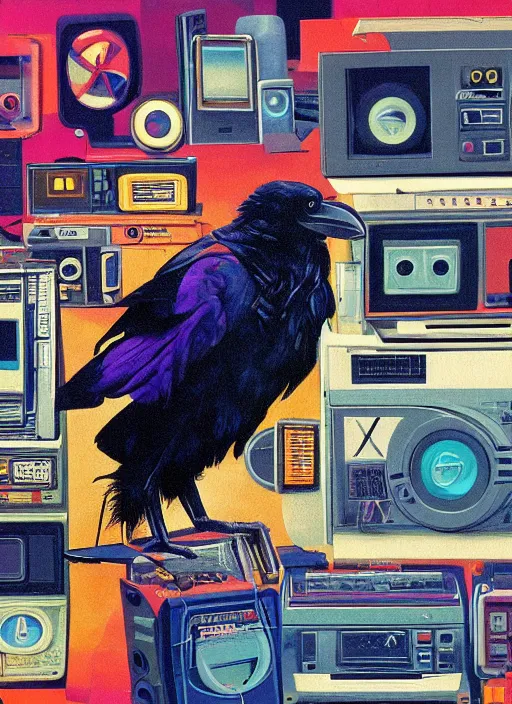 Image similar to a raven digging through 8 0 s era technology, vintage shapes, retro technology, happy color, wayne barlow, oil on canvas, deep depth field, masterpiece, cinematic composition, hyperdetailed