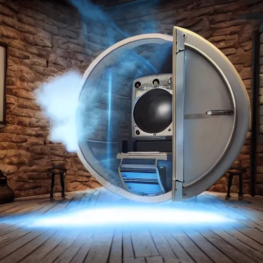 Image similar to a time machine made out of a washing machine with cool lights and steam and lightning, unreal engine