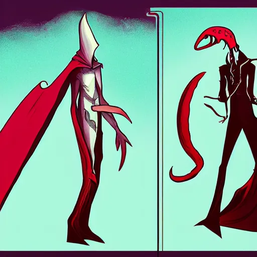 Image similar to concept art character with a vampire squid head and cape that is tall and thin that lives in an ocean setting in the apocalypse created by Dana terrace for a comic book with chromatic aberration and design influences from fret nice the video game