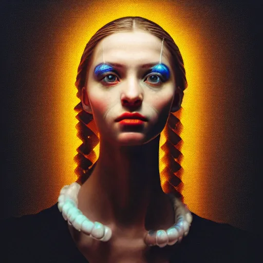 Image similar to hyperrealism aesthetic photography in caravaggio style quntum computer simulation visualisation of parallel universe cyberpunk scene with beautiful detailed ukrainian woman with detailed face and perfect eyes wearing ukrainian traditional shirt and wearing retrofuturistic sci - fi neural interface designed by josan gonzalez. hyperrealism photo on pentax 6 7, by giorgio de chirico volumetric natural light