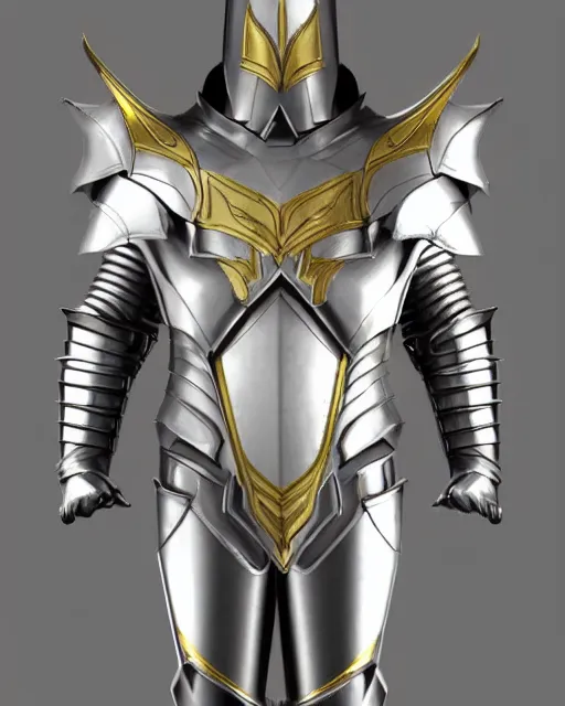 Image similar to fantasy armor, clean, shiny silver armor with gold trim, trending on artstation, flat shading, extremely smooth, orthographic front view, professional