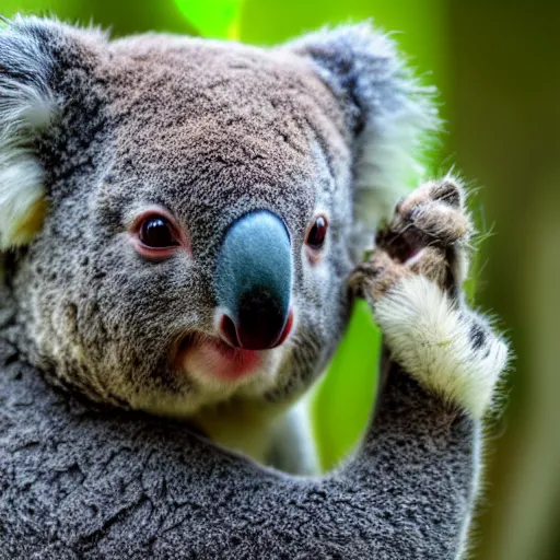 Image similar to award winning nature photograph of a koala with a beak. the beak is a parrot's beak. focus on the beak. extreme detail, hyperrealistic photo, smooth, trending on artstation