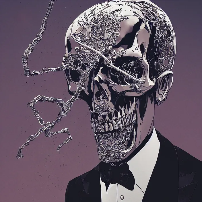 Image similar to portrait of james bond as a skull in a suit. intricate abstract. intricate artwork. nightmare fuel. by Tooth Wu, wlop, beeple, dan mumford. octane render, trending on artstation, greg rutkowski very coherent symmetrical artwork. cinematic, hyper realism, high detail, octane render, 8k, iridescent accents