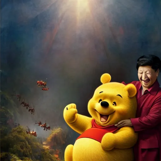 Prompt: chinese president xi jinping and winnie the pooh are best friends, smiling faces side by side, cinematic composition, epic dramatic lighting, realistic, hyperdetailed, photorealistic, photograph, epic scale by gaston bussiere