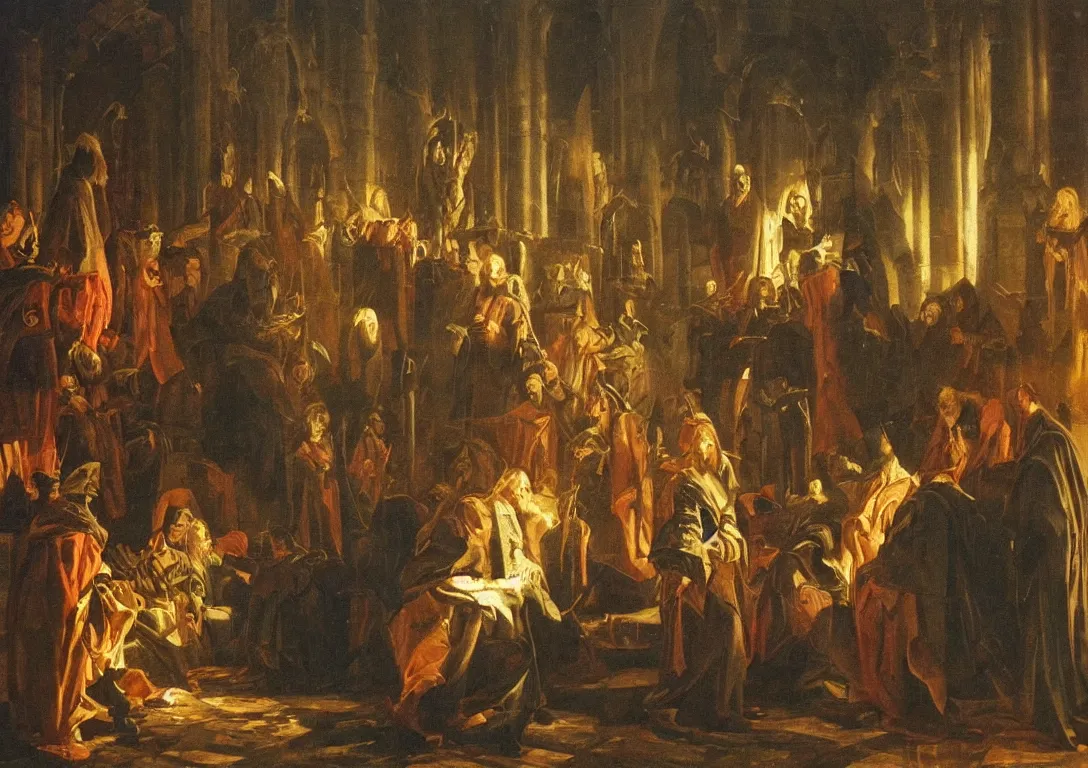 Image similar to meeting of the high council of wizards, atmospheric, illustration, dramatic, moody, lighting, oil on canvas painting, baroque