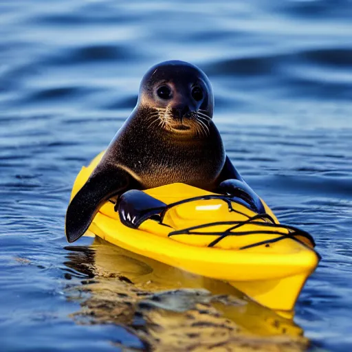 Prompt: happy baby seal kayaking