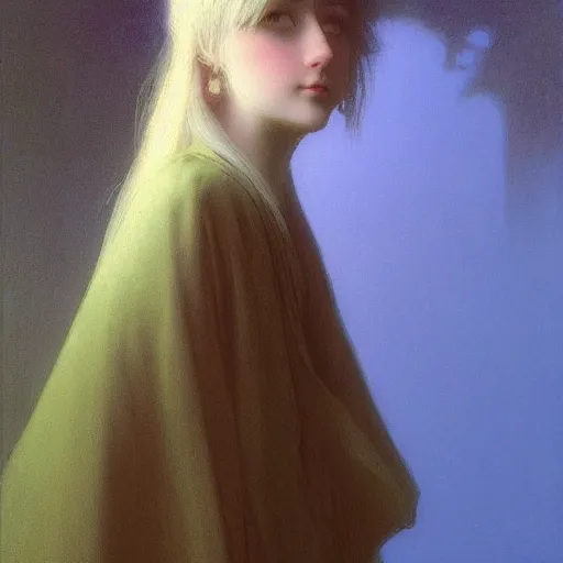 Image similar to a young woman's face, her hair is white and she wears an indigo blue satin cloak, by ivan aivazovsky and syd mead and moebius and gaston bussiere and roger dean and pieter claesz and paul delaroche and alma tadema and aelbert cuyp and willam claesz, hyperrealistic, volumetric light, octane render