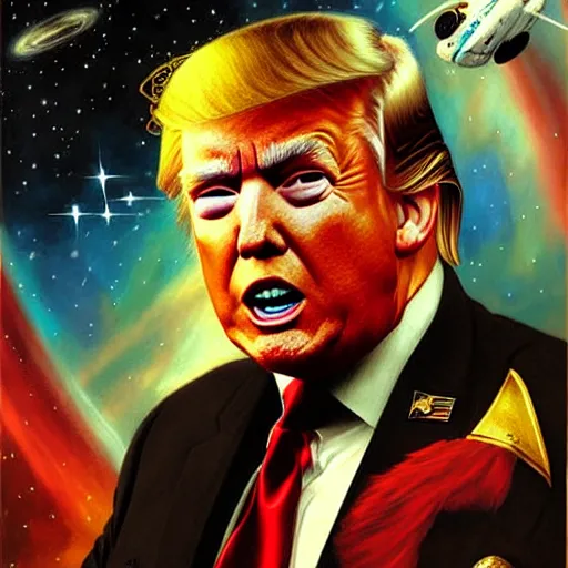 Image similar to a portrait of a donald trump as the enterprise, star trek the next generation, space battle. highly detailed painting by gaston bussiere, craig mullins, j. c. leyendecker, furry