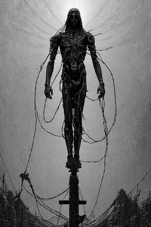 Image similar to full body shot of a cybernetic jesus on the cross, wires everywhere, cyberpunk art by beksinski and szukalski and giger and wlop and josan gonzalez, digital art, highly detailed, intricate, sharp focus, trending on artstation hq, deviantart, pinterest, unreal engine 5, 4 k uhd image