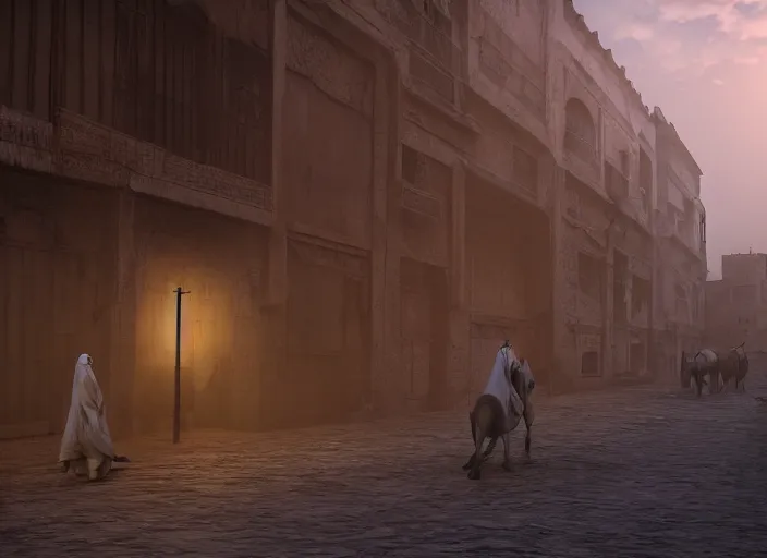 Image similar to old jeddah city alley, roshan, old shops, horse, magical glowing sand portal to another dimension, a man wearing a white robe standing watching over, dramatic lighting, dawn, by caspar david friedrich, unreal engine 5