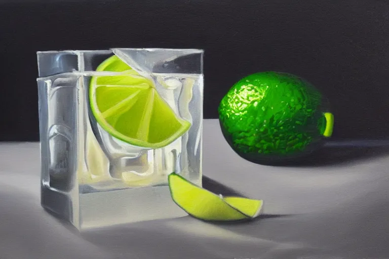 Image similar to oil painting portrait of an ice cube starting to melt in the forefront surrounded by a lime wedge, an empty bottle of tequila and ( fallen salt shaker ). black background