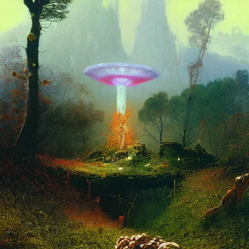 Image similar to A lovely picture of an alien landscape with mycelium aliens by John Berkey, by George Inness, by john Harris, forest made out of mushroom, purple and red and white gradient colour theme, trending on DeviantArt, rendered in blender, 8k resolution, Mountains, no green