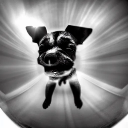 Prompt: This is a photo of a puppy. The puppy is happy. Tilt-shift fisheye photo. Light painting. God rays.