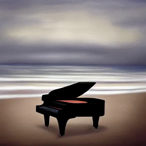 Image similar to a black grand piano on a beach by the waves, lonely, moody, atmospheric, illustration, painting, artstation award, gray flat clouds, misty waves